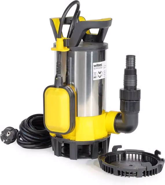 Bomba de agua 3 en 1 Wiltec de 1100W para agua limpia y sucia con aspiración plana, caudal de 18000 l/h y altura de 9 m, en color plata con carcasa de acero inoxidable y PPO