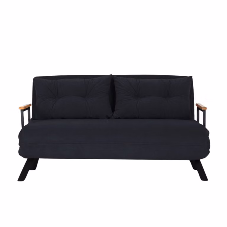 Sofá cama de 2 plazas Calicosy en color negro con estructura de metal y madera de haya, tapizado en tejido y con reposacabezas ajustable, An: 133 cm, Al: 41 cm, P: 76 cm