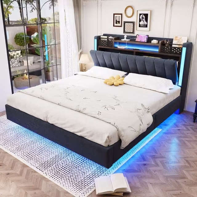 Cama Tapizada Kellany de 140x200 cm con Iluminación LED, Toma USB y Cabecero con Almacenamiento en Tela de Lino Gris