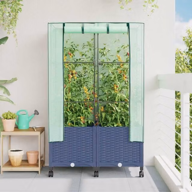 Set de 2 macetas de jardín con cubierta de invernadero y ruedas Maison Exclusive en plástico de colores gris, azul o verde