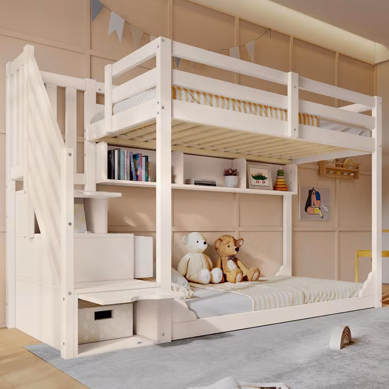 Cama individual para niños MODFU en color blanco con armario escalonado, estantes y dos colchones, An/P/Al: 90 x 200 cm