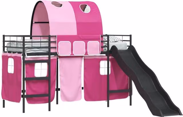 Estructura de litera de dos niveles SYFAX para niños en metal negro y rosa, diseño moderno, An/P/Al: 100 x 200 x 194 cm