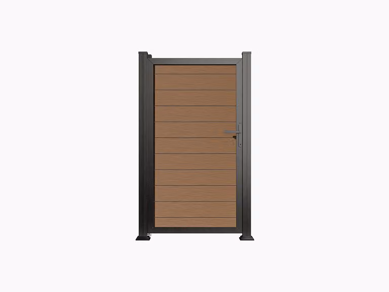 Puerta de jardín batiente completa de madera composite y aluminio SENZIO en color marrón y negro, An: 100 cm, Al: 183 cm