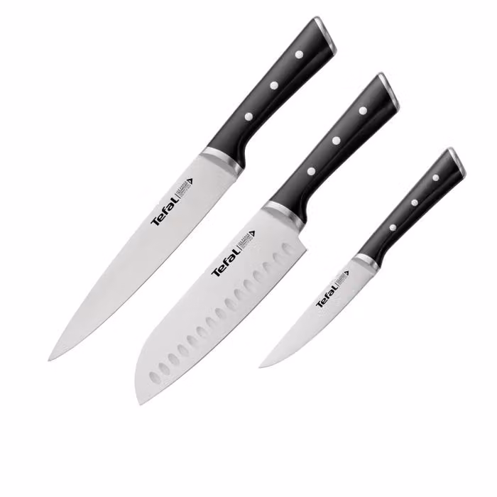Set de 3 cuchillos Tefal Ice Force de acero inoxidable en color negro con mangos de plástico (20 cm, 18 cm y 11 cm)
