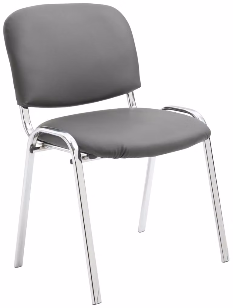 Silla moderna apilable con asiento de simil cuero gris y patas de metal