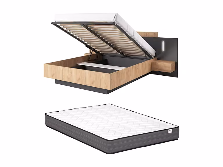 Conjunto de canapé abatible con colchón y mesitas de noche FRANCOLI con iluminación LED y 2 cajones, color beige, antracita y blanco, An/P/Al: 140 x 190 cm