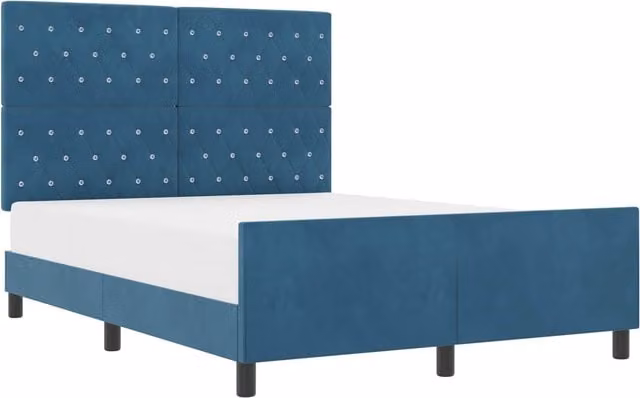 Cama tipo box spring SYFAX de terciopelo azul con estructura de madera de pino, An/P/Al: 140 x 190 x 146 cm