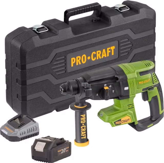 Martillo Perforador a Batería Procraft PHA40BB-C de 20 V con Motor Sin Escobillas, 2,6 J y Sistema SDS Plus, Incluye Batería de 4,0 Ah, Cargador y Maletín en Negro y Naranja