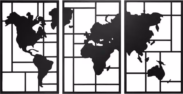 Set de decoración de pared de metal NORTHIX con mapa mundial de 3 piezas, estilo industrial y diseño geométrico, color negro, 50 x 80 cm