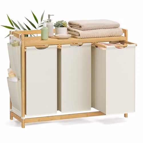 Cesto para ropa sucia SONGMICS de bambú con 3 compartimentos y estante, 150 l, Blanco y Beige, An/P/Al: 94 x 33 x 78 cm