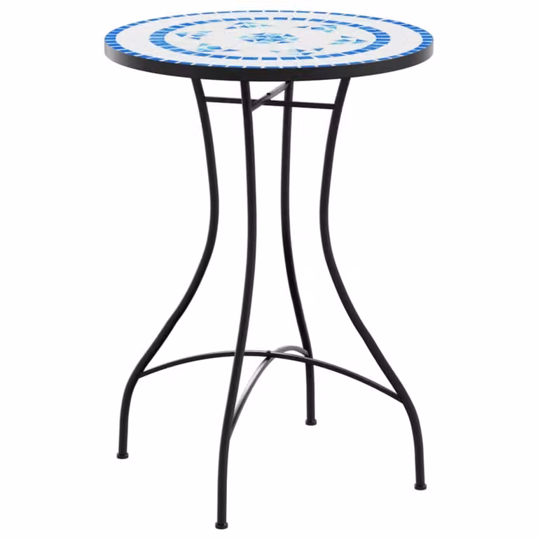 Mesa de bistró Syfax de mosaico cerámico con diseño geométrico en azul y blanco, An/P/Al: 50 x 70 cm