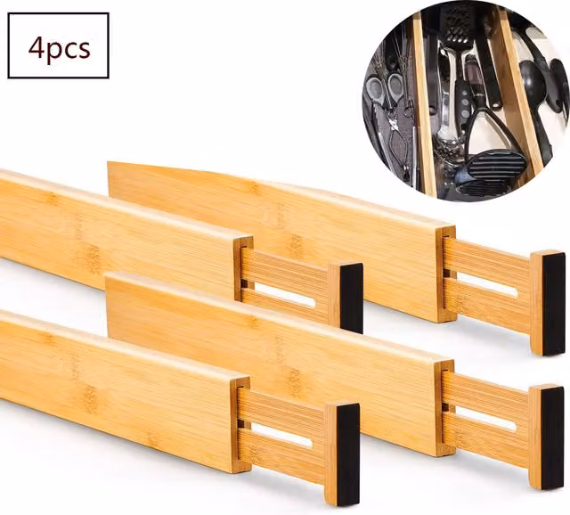 Juego de 4 separadores de cajones ajustables de bambú color marrón para cocina, baño, dormitorio u oficina