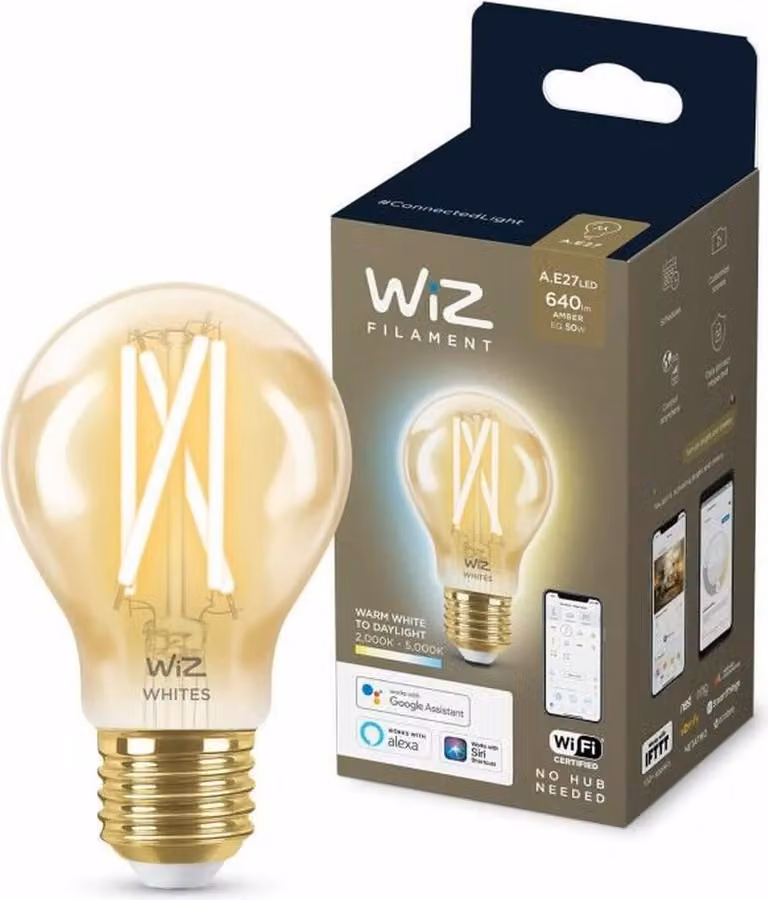 Bombilla inteligente WiZ LED modelo A60 con diseño vintage de filamento, color dorado, 50W y casquillo E27 con conexión Wi-Fi y Bluetooth