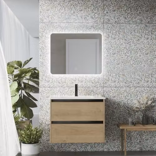 Mueble de baño suspendido BAÑO TOTAL con lavabo cerámico y 2 cajones en roble natural y tirador negro An/P/Al: 100 x 45 x 55 cm