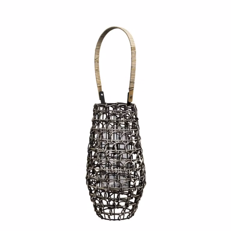 Farol decorativo de ratán Sia Deco color marrón para mesa, estilo rústico, Altura: 64 cm, Diámetro: 26 cm