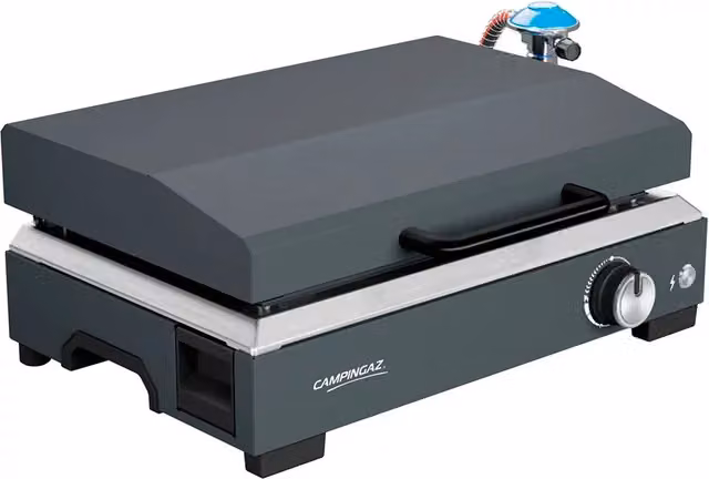 Plancha de gas Campingaz Sigma 1 CV con tapa y tecnología BlueFlame en color negro y gris con superficie de acero esmaltado