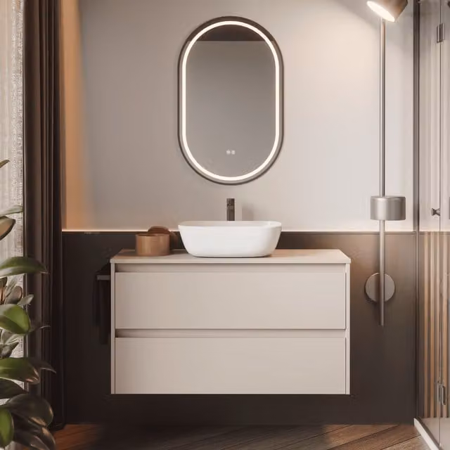 Mueble de baño suspendido BAÑO TOTAL con lavabo de sobreponer cerámico y 2 cajones con cierre suave en acabado roble mate de 70 cm