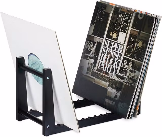 Mueble de almacenaje para vinilos Relaxdays de bambú negro con 12 ranuras para 50 LPs, An/P/Al: 35 x 19,5 x 17 cm