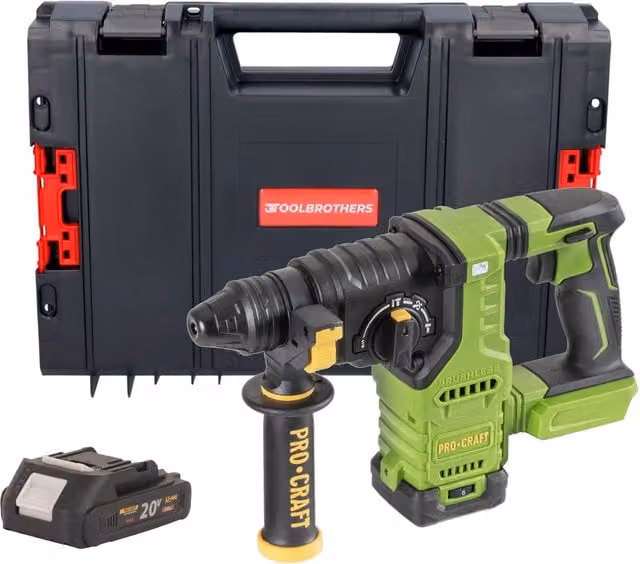 Martillo Perforador a Batería Procraft PHA30BB 20 V Brushless SDS Plus con 1 Batería de 2,0 Ah y Maletín Rhino Toolcase en color verde
