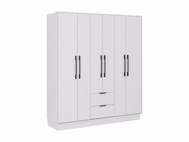 Armario de 6 puertas y 2 cajones FEOVA en color blanco, diseño moderno para dormitorio, An/P/Al: 162 x 46,5 x 182 cm