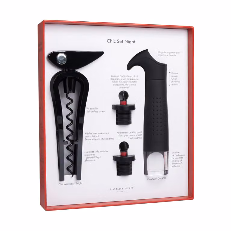 Set de accesorios para vino L'Atelier du Vin Chic Night de 4 piezas en color negro con sacacorchos ergonómico, bomba de vacío y tapón de botella