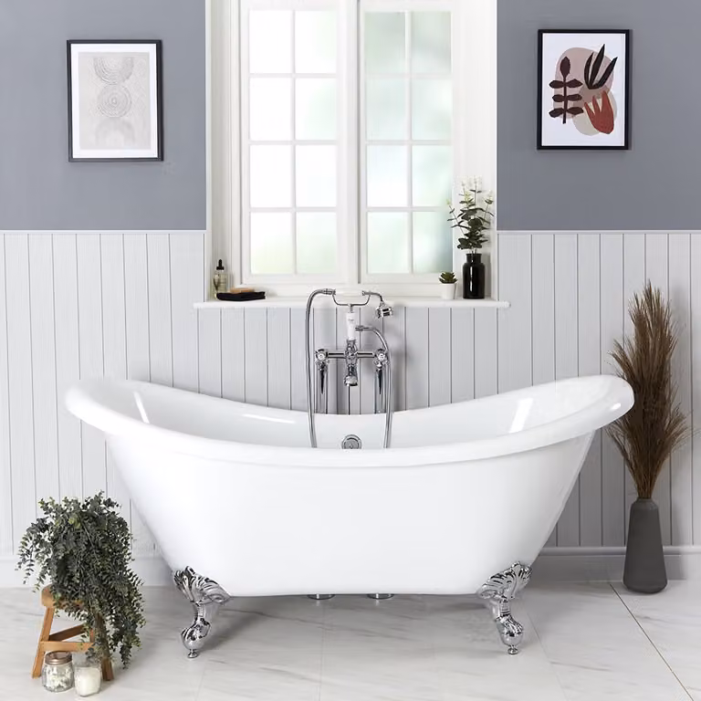 Bañera exenta tradicional HudsonReed con doble respaldo y patas cromadas, color blanco, An/P/Al: 175 x 73 x 195 cm
