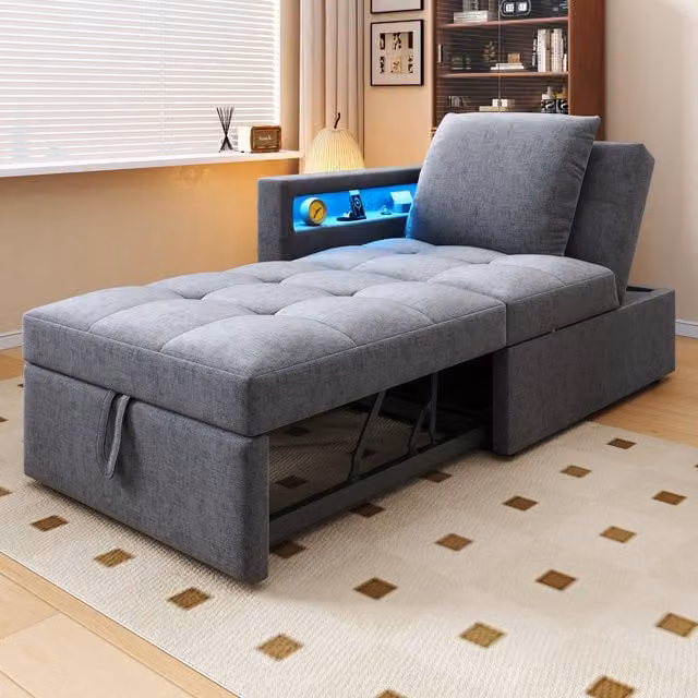 Sillón convertible de 1 plaza DREAMMESPACE, sofá cama 3 en 1 con respaldo ajustable, chaise longue con iluminación LED y puertos USB/C, tapizado en lino gris