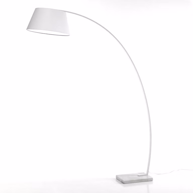 Lámpara de pie arqueada Moines en metal y mármol color blanco con pantalla de tela. Al: 205 cm, An: 160 cm, P: 50 cm