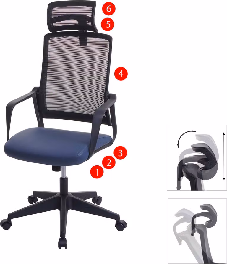 Silla de oficina ergonómica Mendler con reposacabezas, giratoria y tapizada en piel sintética, color azul y gris