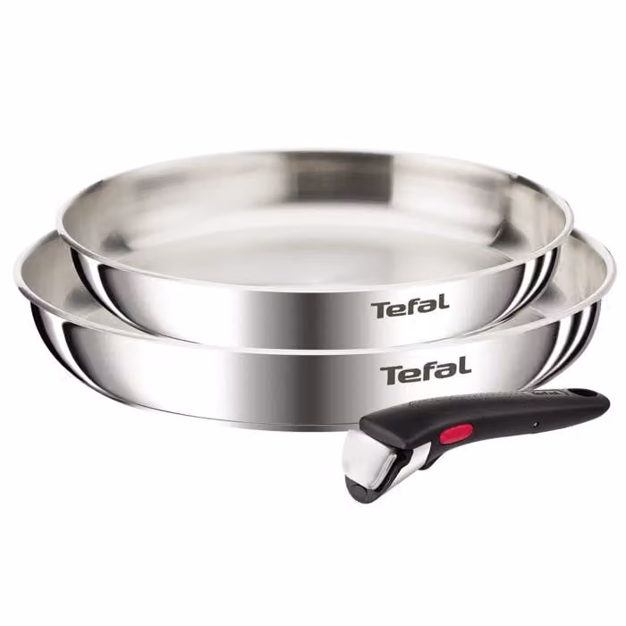 Set de 3 sartenes Tefal Ingenio Emotion de acero inoxidable color plata con mango extraíble, sin revestimiento y aptas para inducción