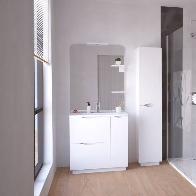 Mueble de baño Palermo Ondee en color blanco lacado con iluminación LED y cajones internos