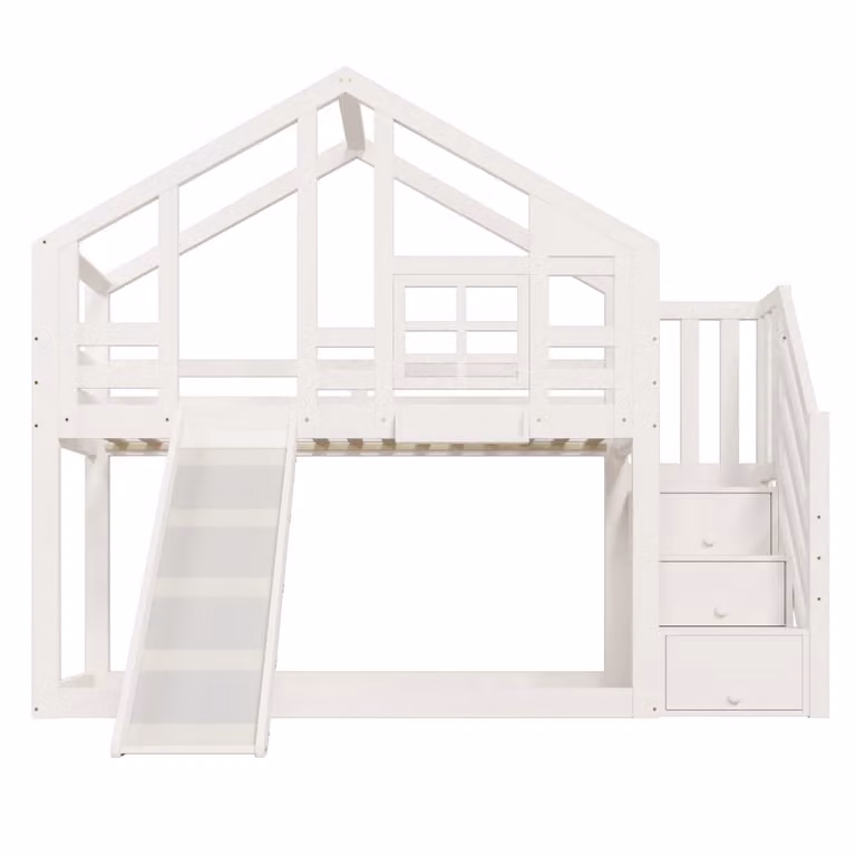 Cama alta infantil MODFU de madera blanca con armario integrado y escalera, An/P/Al: 90 x 200 cm