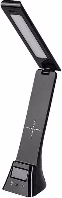 Lámpara de mesa LED Rabalux negra con carga inalámbrica, reloj y luz CCT regulable de 6W y 360lm