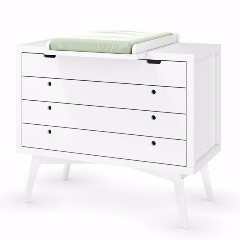 Cómoda con cambiador de 4 cajones ID Kids en madera maciza color blanco estilo retro