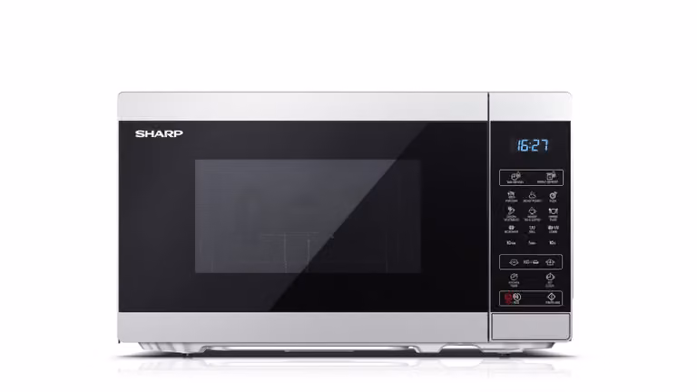 Microondas con función de grill Sharp YC-MG02ES en color blanco y plata con acero inoxidable, potencia de microondas de 800W y grill de 1000W