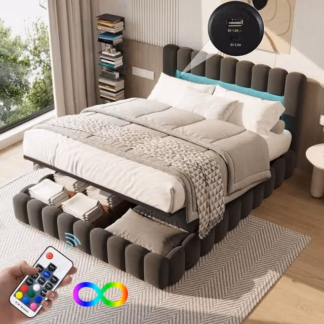 Cama con canapé abatible NAHILIMI de 180x200 cm en color gris con cabecero, iluminación LED regulable, puerto de carga USB y somier de láminas de triple hilera