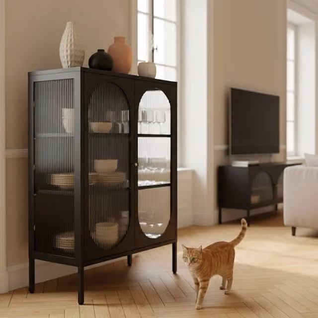 Aparador industrial Oviala de 2 puertas en metal y cristal negro de 80 cm