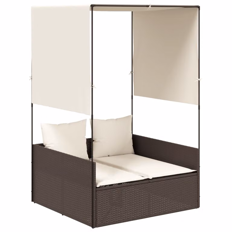 Tumbona doble con techo y cortinas vidaXL en ratán sintético marrón para jardín o terraza