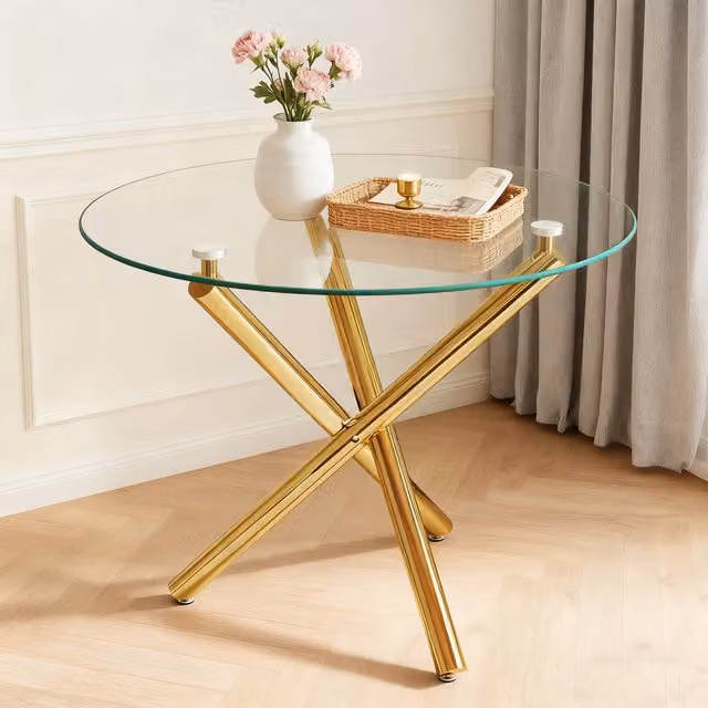 Mesa de comedor redonda HAUSS SPOLE de cristal transparente y metal dorado, An/P/Al: 80 x 80 x 76 cm