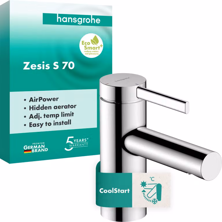 Grifo monomando para lavabo Hansgrohe Zesis S CoolStart en cromo con tecnología EcoSmart+ y ahorro de agua