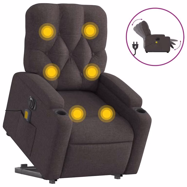Sillón de masaje eléctrico reclinable y elevable vidaXL en tela marrón oscuro con reposabrazos