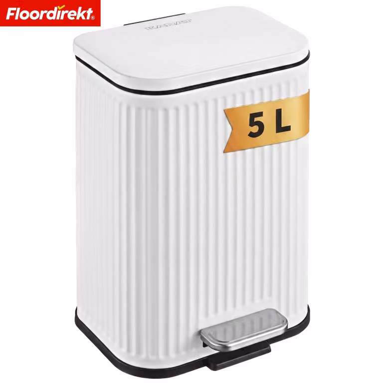 Cubo de basura Miles de Floordirekt con pedal, tapa de cierre suave y cubo interior extraíble, color blanco, 5 litros