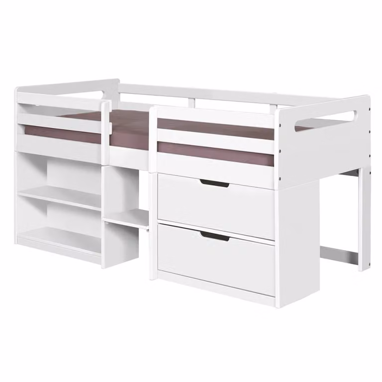 Cama infantil de media altura ID Kids en madera de pino lacada blanca y gris con zona de juegos, estantería integrada y escaleras An/P/Al: 197 x 90 x 123,5 cm