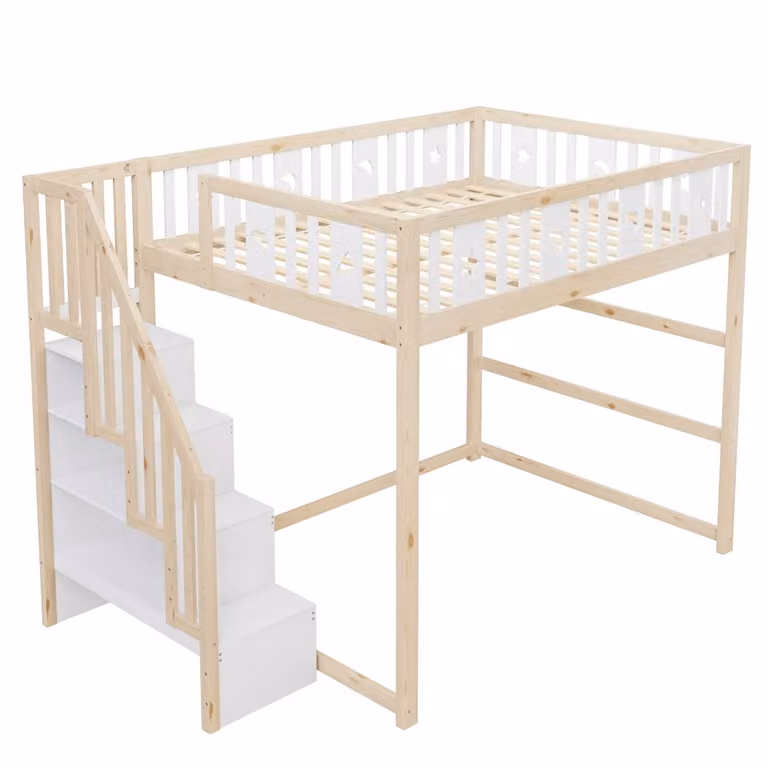 Litera infantil OKWISH de madera maciza de pino con escalera y estantes integrados, color blanco y beige, 140x200 cm