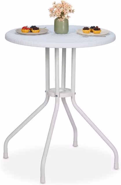 Mesa de jardín redonda Relaxdays con efecto ratán en color blanco, An/P/Al: 73 x 60 cm