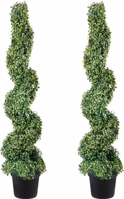 Boj topiario artificial Vevor en color verde con diseño en espiral y maceta incluida para decoración de exterior