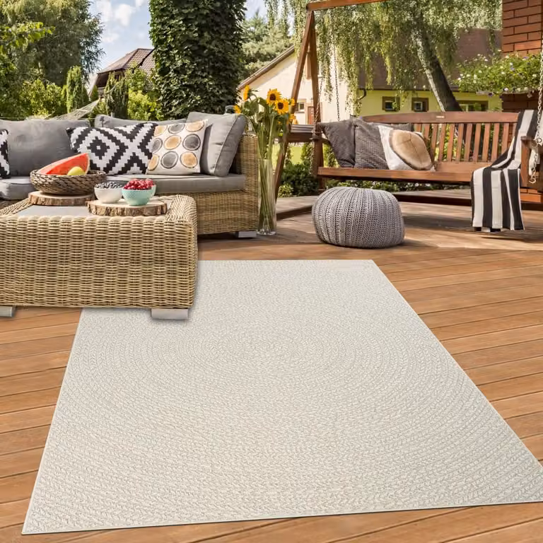Alfombra de exterior Teppich-Traum con diseño de líneas circulares en color beige y blanco, resistente a la intemperie, An x P: 200 x 290 cm