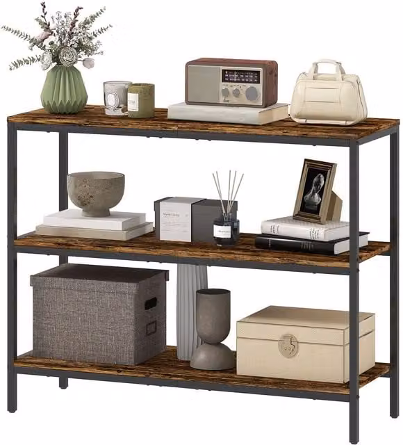 Mesa de consola NORTHIX con estante de 3 niveles, diseño industrial en color marrón y negro, fabricada en metal y MDF, An/P/Al: 80 x 35 x 101 cm