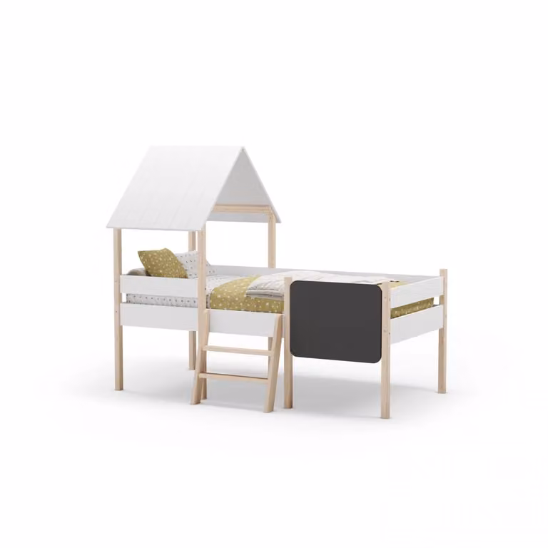Cama infantil con diseño de cabaña Mokibed en madera de pino, color blanco y verde, An/P/Al: 110 x 202 x 150 cm