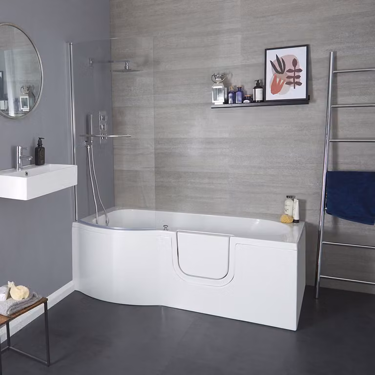 Bañera con puerta de fácil acceso Merso en color blanco con mampara y faldón frontal, diseño asimétrico versión izquierda, An: 85 cm, Al: 167,5 cm